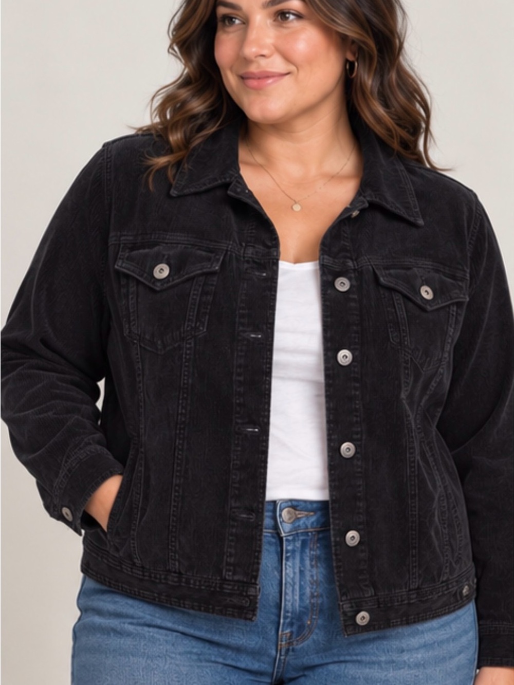 Style & Co Black Corduroy Trucker Jacket Plus Size 20W Stretch